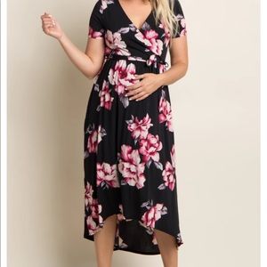Black Floral High-Low Maternity Wrap Dress